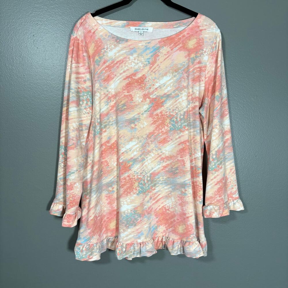 Rose + Olive Womens Pink Pastel Coquette Romantic Ruffle Sweatshirt - Size Large